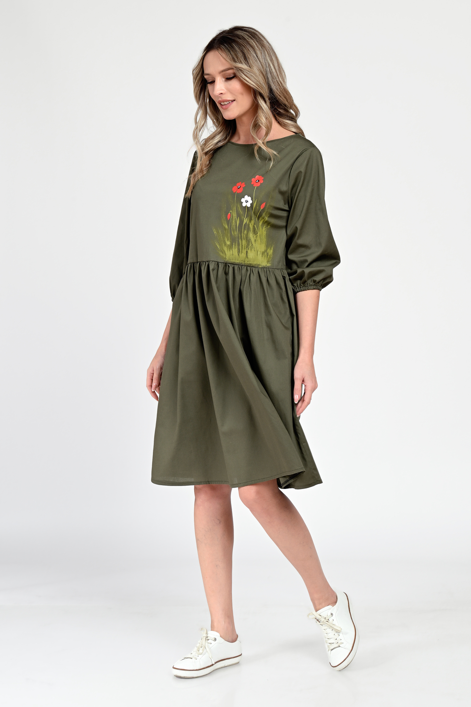 Rochie Medie Dama V310, Pictata manual, Kaki cu model floral - 2 | YEO